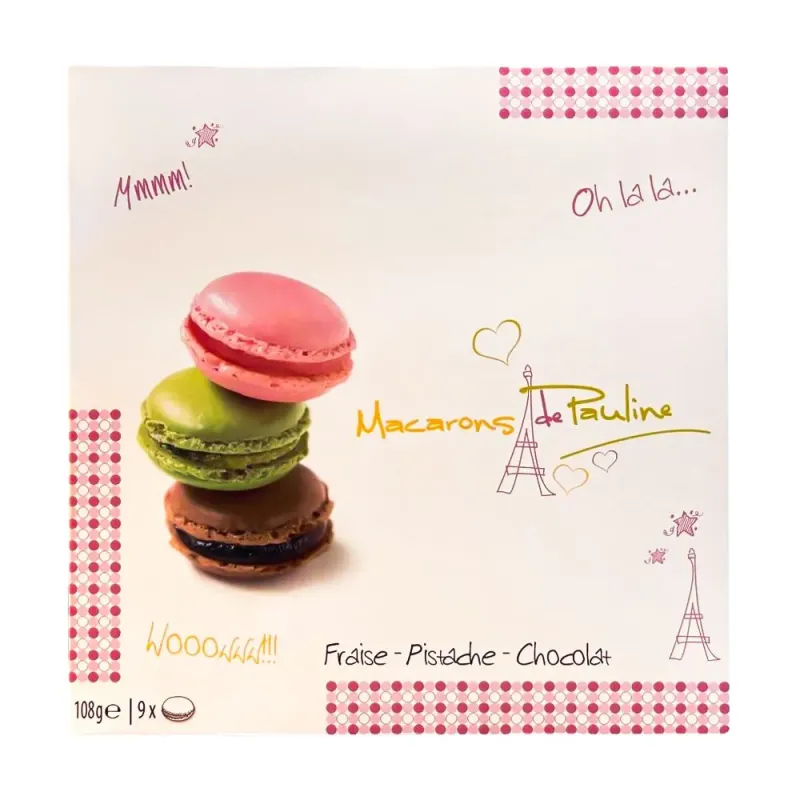 Macarons de Pauline Caja 9 surtido 108gr: Pistacho, Fresa y Chocolate